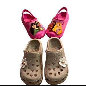 2 for 1 BOGO Sale: Girls Tan / Flowers & Disney Princess LIGHT UP Clogs / Crocs
